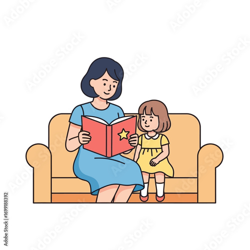 A mother reads a storybook to her young daughter while they sit together on a comfortable couch.