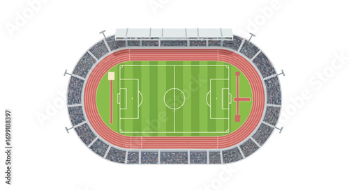 Overhead depiction of an outdoor athletics arena with running track and soccer field in center