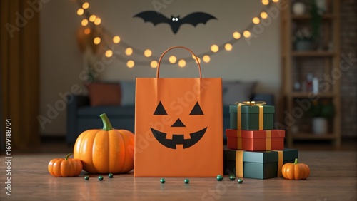 Online halloween shopping. A festive Halloween scene featuring a pumpkin, gift boxes, and a decorative bag with a smiling jack-o'-lantern face.
