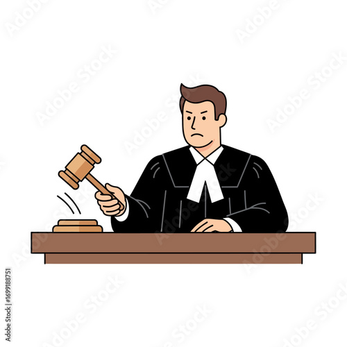 An angry male judge in a black robe bangs his gavel on a sounding block in a courtroom illustration.