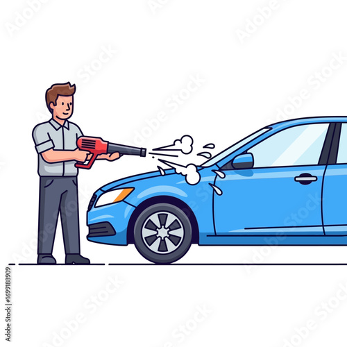 A man using an air blower to dry a blue car after washing it, illustrating vehicle maintenance.