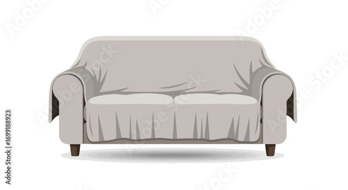 Minimalistic vector illustration of a light gray sofa covered with a fabric, suggesting furniture protection and interior design readiness