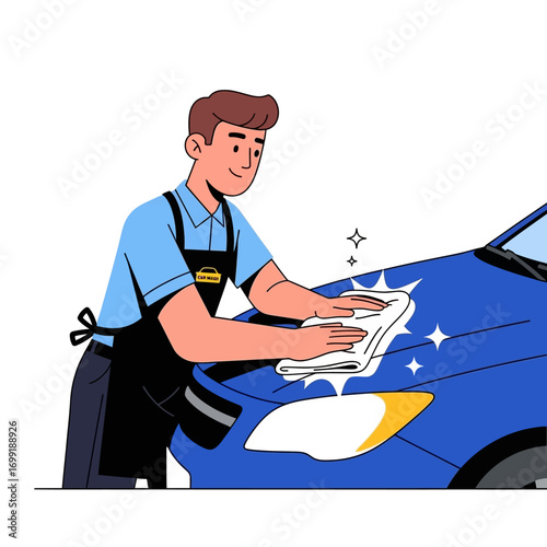 A person in an apron cleaning a blue car with a white cloth, making it shine.