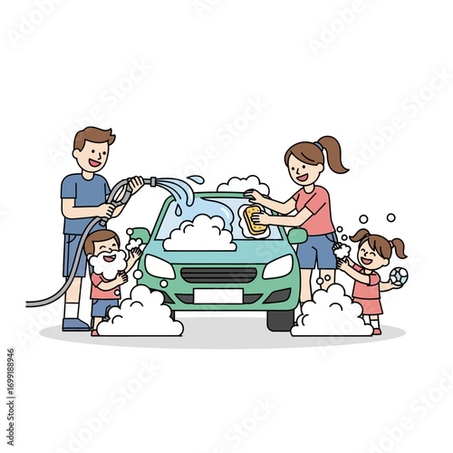 Family washing a car together with soap and water.