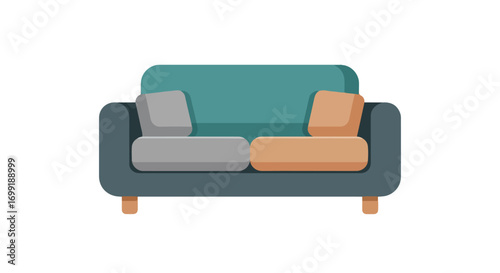 Stylish two-seater sofa featuring a modern design with a soothing color palette of teal, gray, and peach accents for contemporary interiors