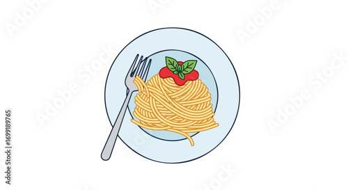 Charming spaghetti illustration with tomato sauce and basil on a pastel plate evokes culinary delight and simple eating pleasure