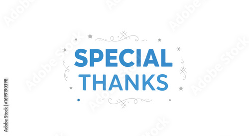 Gratitude Expression: Blue 'Special Thanks' Message with Decorative Flourishes on White Backdrop
