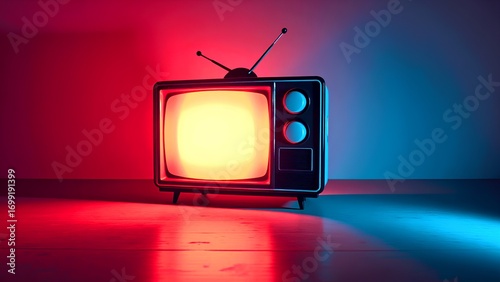 A retro television emits a warm glow, surrounded by vibrant red and blue lighting, creating a nostalgic and artistic atmosphere.