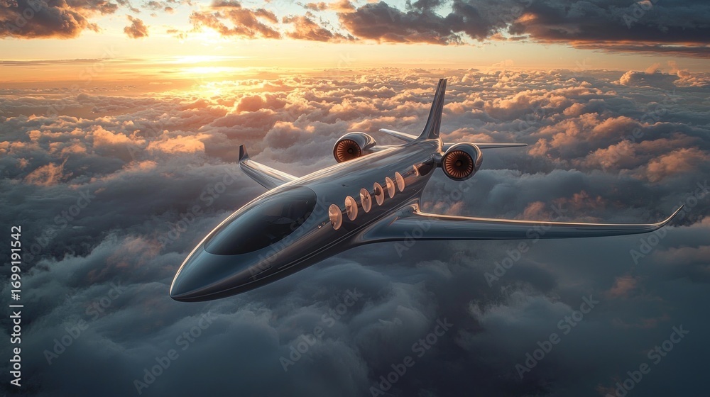Fototapeta premium Private jet flying above clouds at sunset. (1)