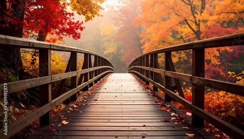 Wooden bridge path over vibrant autumn trees with colored foliage