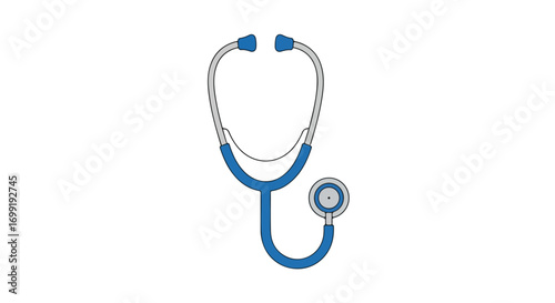 Stylized depiction of a blue stethoscope against a plain white backdrop illustrating healthcare equipment and diagnostics in a simple format