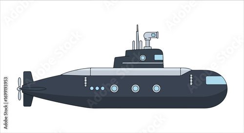 A simplified vector illustration of a dark blue submarine with a silver top and circular windows on a white background