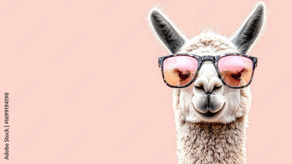 Fototapeta premium Happy Alpaca Wearing Sunglasses on Pink Background in Fun Pose