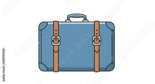 Illustration of a blue suitcase with leather straps and metal buckles symbolizing travel and adventures ahead for exciting journeys