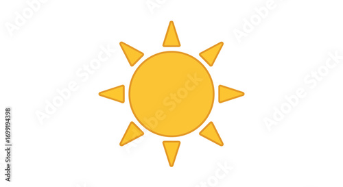Stylized sun illustration with radiant light beams and a golden glow against a plain white backdrop representing warmth and summer