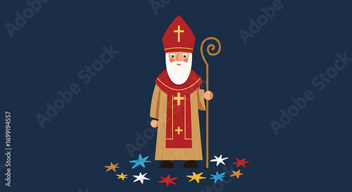 Illustration of Saint Nicholas with Staff and Colorful Stars.