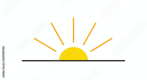 Stylized sun drawing with light rays emanating from a semicircular source over a horizon line depiction of radiant sunny daybreak imagery