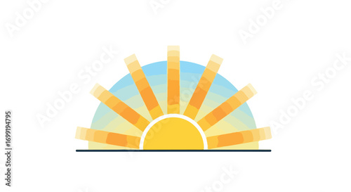 Stylized sunrise illustration with radiating beams of light on a white background showcasing a symbol of warmth and new beginnings
