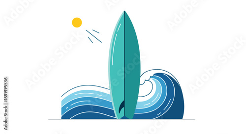 Stylized Surfboard Graphic Against Ocean Waves and Sunny Sky, Promoting Summer Lifestyle and Recreation Concept