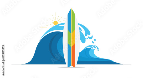 Dynamic Surfboard Scene with Rolling Waves and Bright Sun Illustration Depicting Ocean Fun 88 Characters