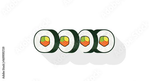 Illustration of sushi rolls in a row with a simple design and a light shadow effect on a plain background
