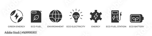 Green Energy Solutions Icons set vector illustration glyph with Green energy, Eco fuel, Environment, Eco electricity, Energy, Eco fuel station, Eco battery