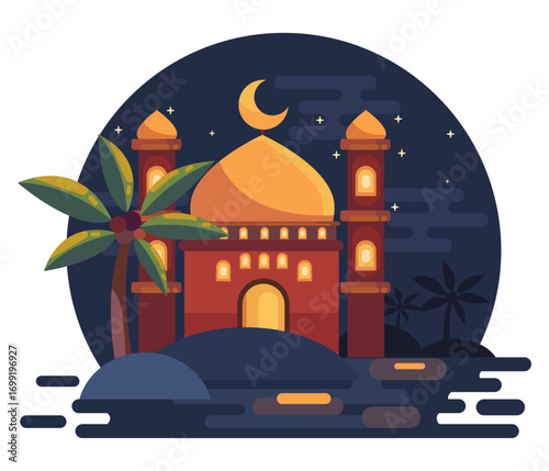 Mosque In Night  Shades With Night Sky Flat Illustration