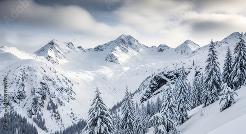 winter mountain landscape snow covered peaks forest