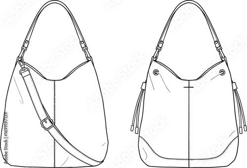 Hobo shoulder bag flat sketch with strap details, technical drawing front and back view, handbag fashion template, vector CAD illustration