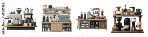Diverse Coffee Station Setups for Home and Cafe Use isolated on transparent background.