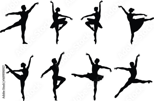 Silhouettes of Ballet Dancers Performing Various Classic Poses, Graceful Dance Movements, Artistic Expression, Elegant Ballet Performance Vector Set