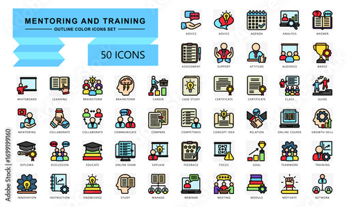 Mentoring and training outline color icons set. contain learning, training, agenda, mentoring, badge, certificate, goal and more. Vector for modern concept, print, UI, UX kit, web and app development.