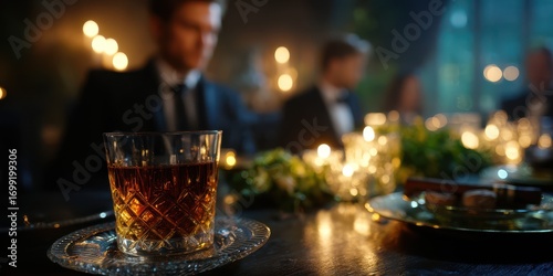 Elegant dinner gathering with whiskey glass on table surrounded by soft candlelight at nighttime event