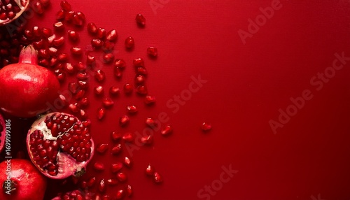Fresh Pomegranate Seeds Arranged Atop A Rich Red Background Highlighting Their Glossy Texture And Deep Ruby Color With Ample Empty Space Below