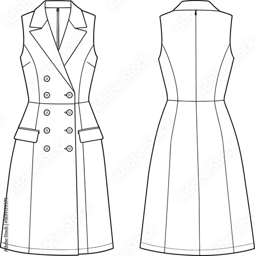 Sleeveless trench dress flat sketch, double-breasted fashion template, technical drawing front and back, elegant design, vector CAD illustration