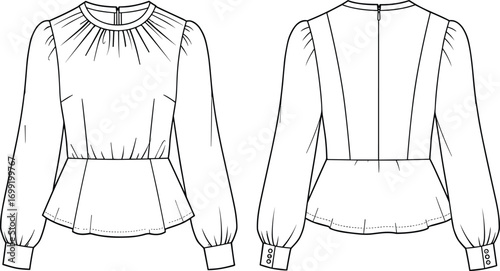 Women’s peplum blouse flat sketch with long sleeves, round neckline, technical fashion drawing, front and back view, vector CAD illustration