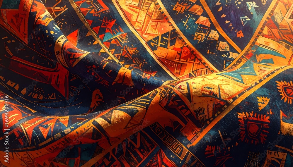 Vibrant textile design with intricate patterns and a dynamic texture. Bold colors and stylized motifs create a captivating visual effect.