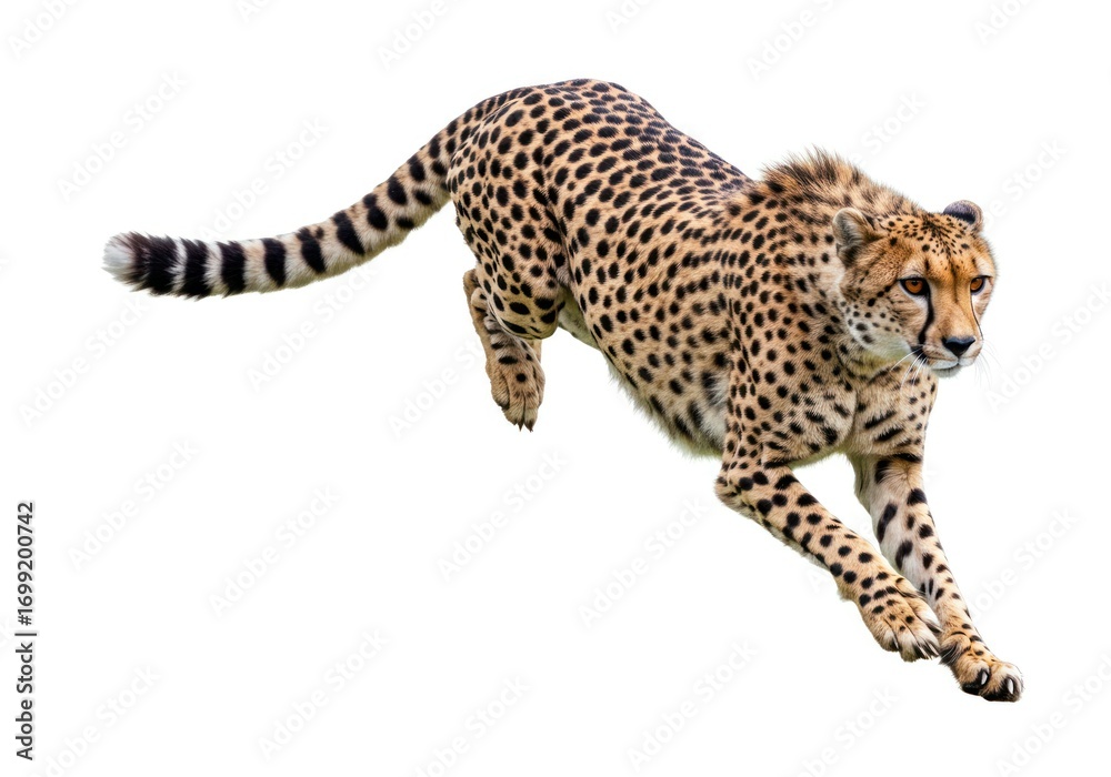 Fototapeta premium Cheetah Running Fast in White Background with Focused Expression