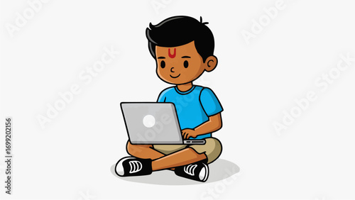Cartoon illustration of a boy sitting with a laptop studying and learning technology