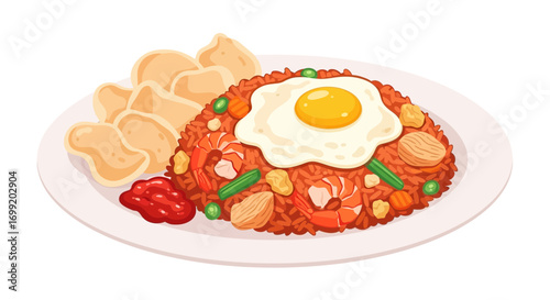 A culinary illustration depicting delicious nasi goreng with egg and crackers