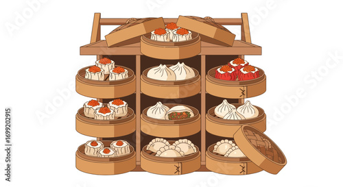A Culinary Presentation of Dim Sum Delights in a Traditional Bamboo Steamer