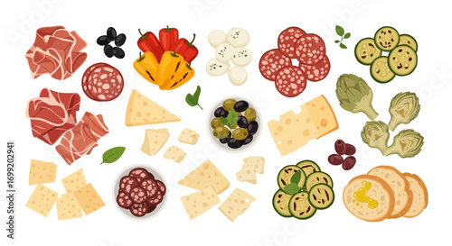 A diverse arrangement of vibrant tapas on white background for food lover