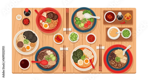 A delightful array of stylized ramen bowls with various topping combinations