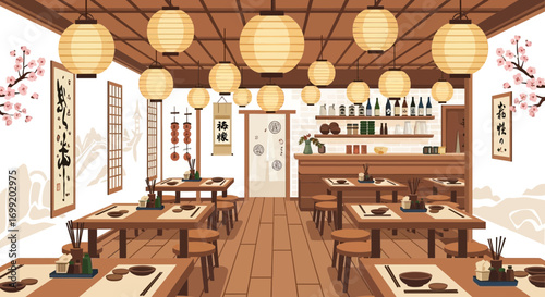 A serene Japanese restaurant interior filled with cultural ambiance and details