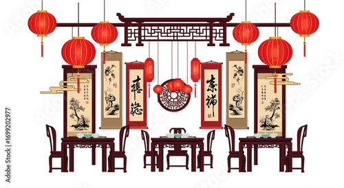 A harmonious traditional dining scene with vibrant lanterns and exquisite art