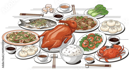 A vibrant illustration showcasing an assortment of diverse Chinese dishes