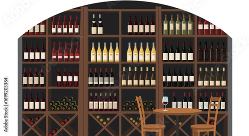 A wine cellar illustration featuring a table and a glass of red wine