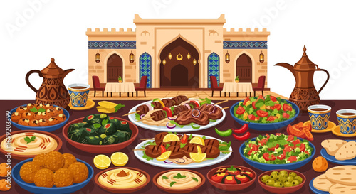 An array of vibrant Middle Eastern dishes served at a grand setting