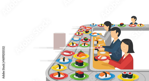 Animated sushi restaurant illustration showcasing conveyor belt dining setup
