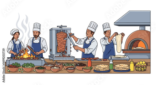 Artisanal kitchen featuring chefs preparing diverse culinary delights